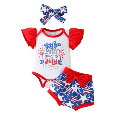 

Xiulive Toddler Boys Girls Fly Sleeve Independence Day Letter Prints Romper Bodysuit Shorts Headbands Outfits Casual Soft Matching sets