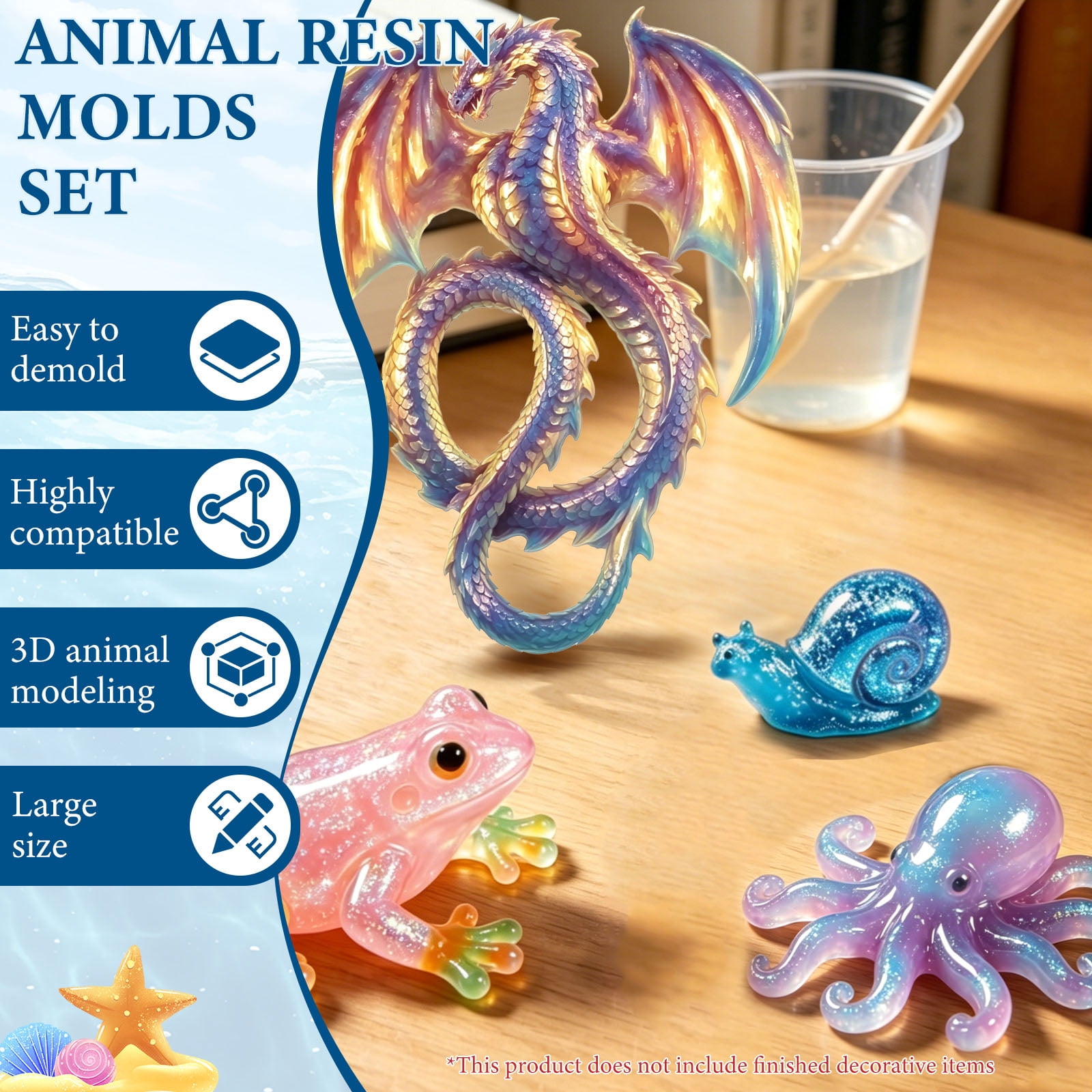 6Pcs 3D Animal Silicone Mold Set Frog Lizard Snail Octopod Turtle Dragon Resin Casting Mold for Home Decor Garden Ornament Handmade Craft