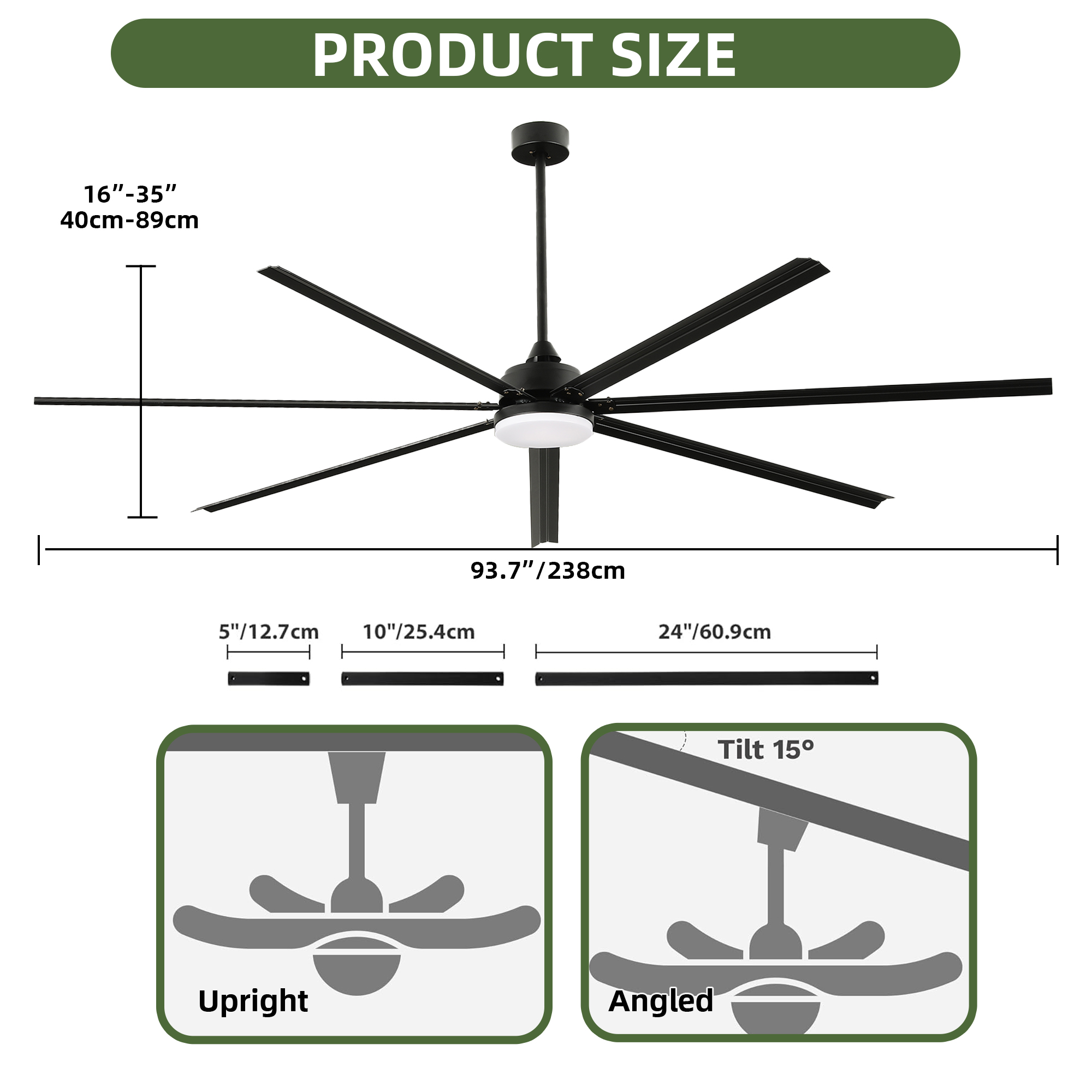 Uforic 96 inch Industrial Ceiling Fan with Lights and Remote Control – Quiet, High Airflow, Durable for Home & Commercial Use - Black