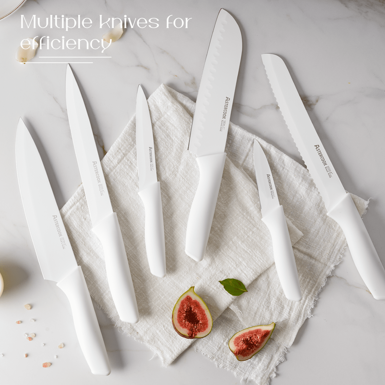 Astercook Knife Set, 14 Pieces Kitchen Knives Set with Healthy Anti-Rust Coating, Stainless Steel Knife Sets with Built-in Sharpener, Sharp & Rust Resistant Dishwasher Safe Bright White