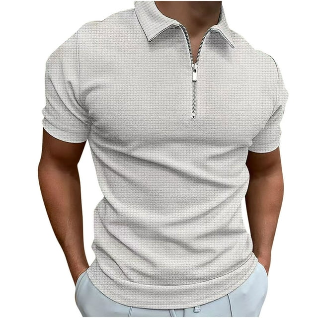 Playera Elvqul de Hombre Elástica Algodón Blanco Liso Playa Manga Corta con Solapa