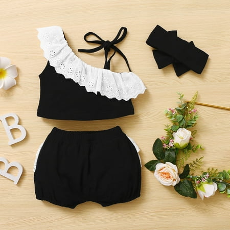 

kpoplk Outfits Toddler Kid Baby Girls Halter Vest Crop Top Sleeveless T-Shirt Loose Shorts Pants with Bowknot Summer Outfit(Black)