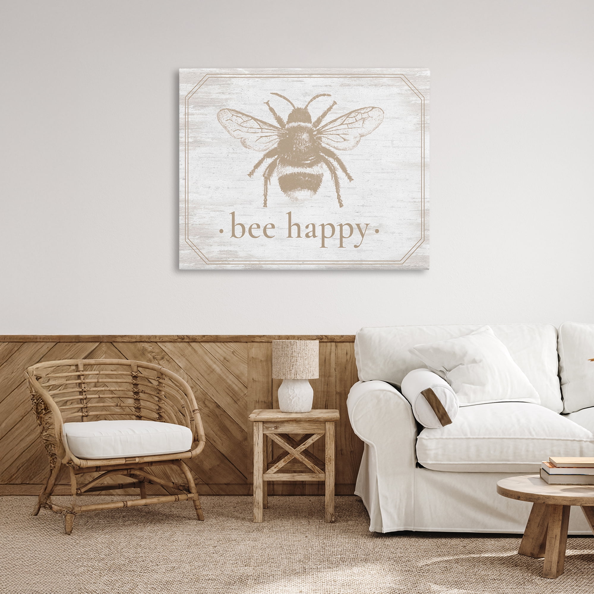 Bee Happy with Rustic Border Canvas Wall Art, design by Lettered and Lined