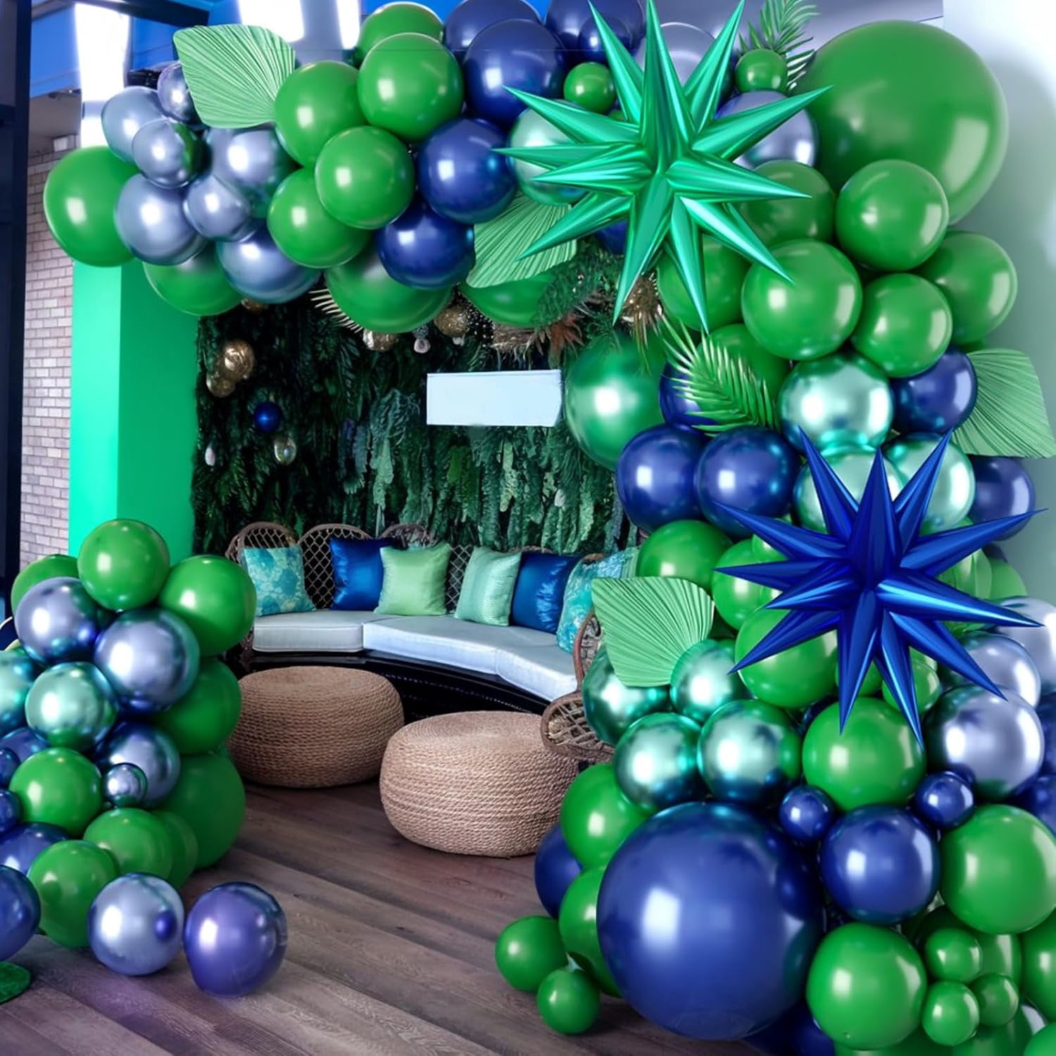 Blue and Green Balloon Arch Kit, Navy Blue Dark Green Balloon Garland Arch Kit with 4D Star Foil Balloon Confetti Balloons for Birthday Party Decor Jungle Safari Graduations