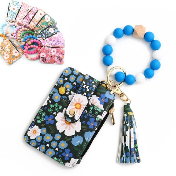 Women's Boho Beaded Wallet with Flower Pattern, Women Boho Style Beaded & Tassel Decorated Keychain, Credit Card Holder Purse (1PC,D)
