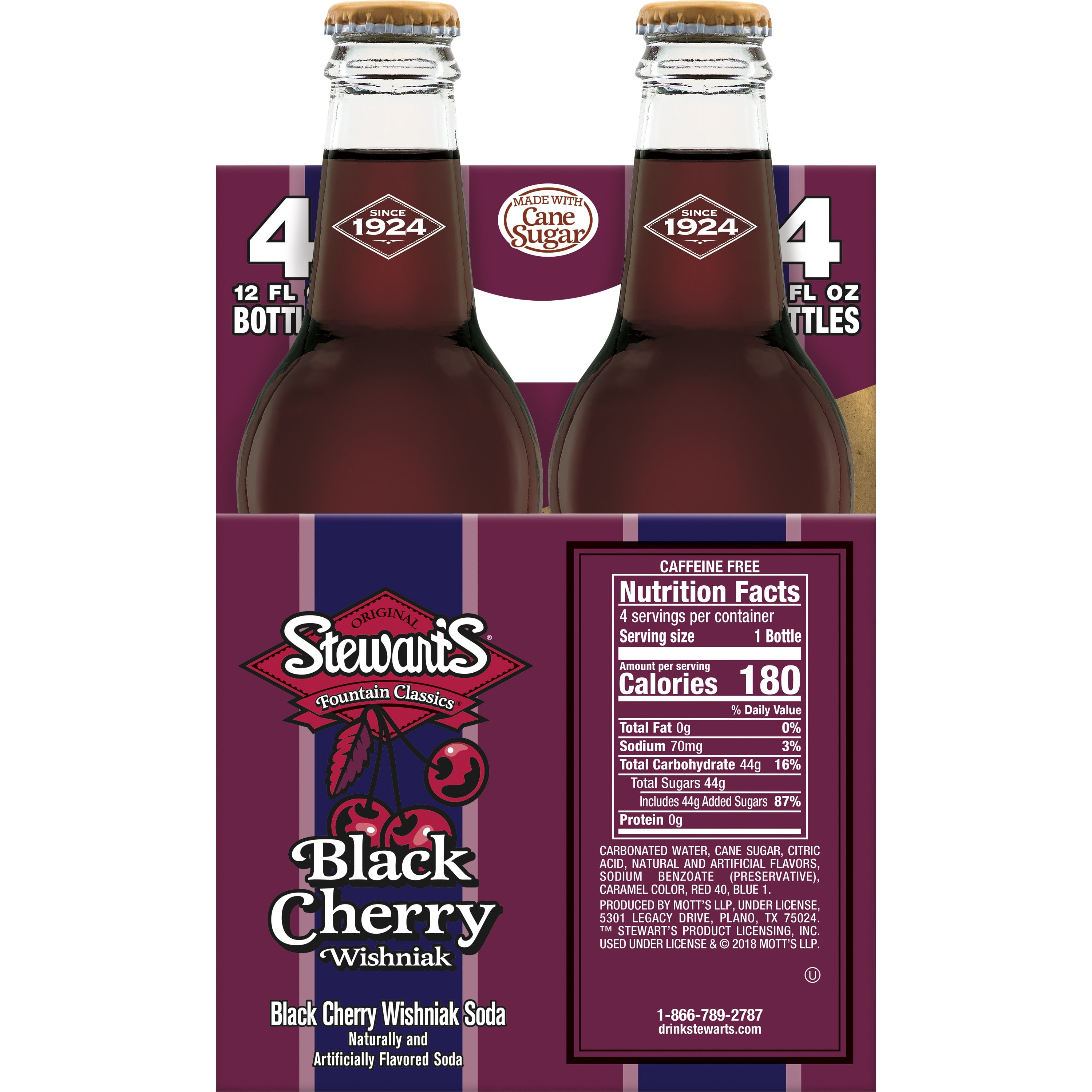 Stewart's Black Cherry Wishniak Made with Sugar, 12 fl oz glass bottles, 4 Pack
