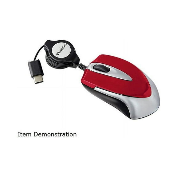 Verbatim Corded Optical Computer Mouse, Mini Travel, 3 Buttons, USB-C (Red), 70236