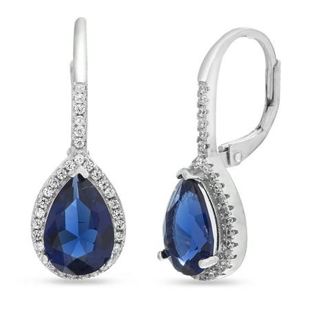 Pear Shaped Sapphire (Inspired by You Pear and Round Shaped Prong Set Simulated Blue Sapphire and Cubic Zirconia Drop Dangle Bridal Leverback Halo Earring for Women in Rhodium Plated 925 Sterling)