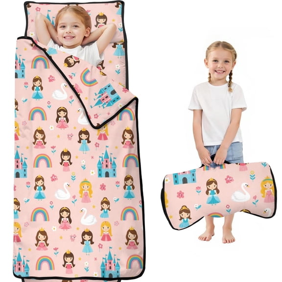 Princess and Swan Pink Pattern Teens Toddler Nap Mat with Pillow, Sleeping Mat Bag for Preschool Daycare 59"x22"