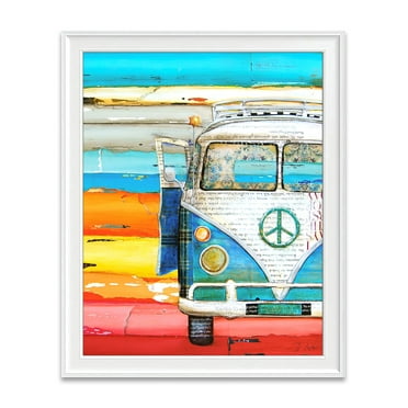Playing Hooky, Fine Art Print By Danny Phillips, Unframed, Vw Volkswagen Bus Van, Funky Hippie Peace Mixed Media Collage, Beach Home & Wall Decor, 8x10 Inches