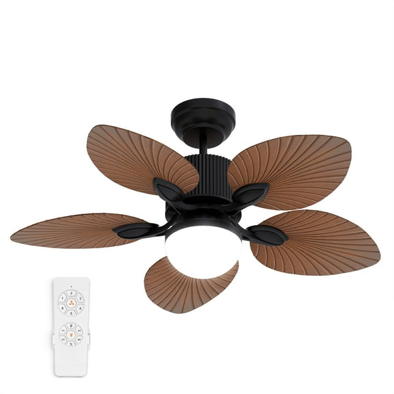 Dextrus 44" Palm Leaf Ceiling Fan with Lights and Remote – Tropical Reversible Quiet DC Motor, 3-Color LED, Timer & Memory, Indoor/Outdoor - Walnut