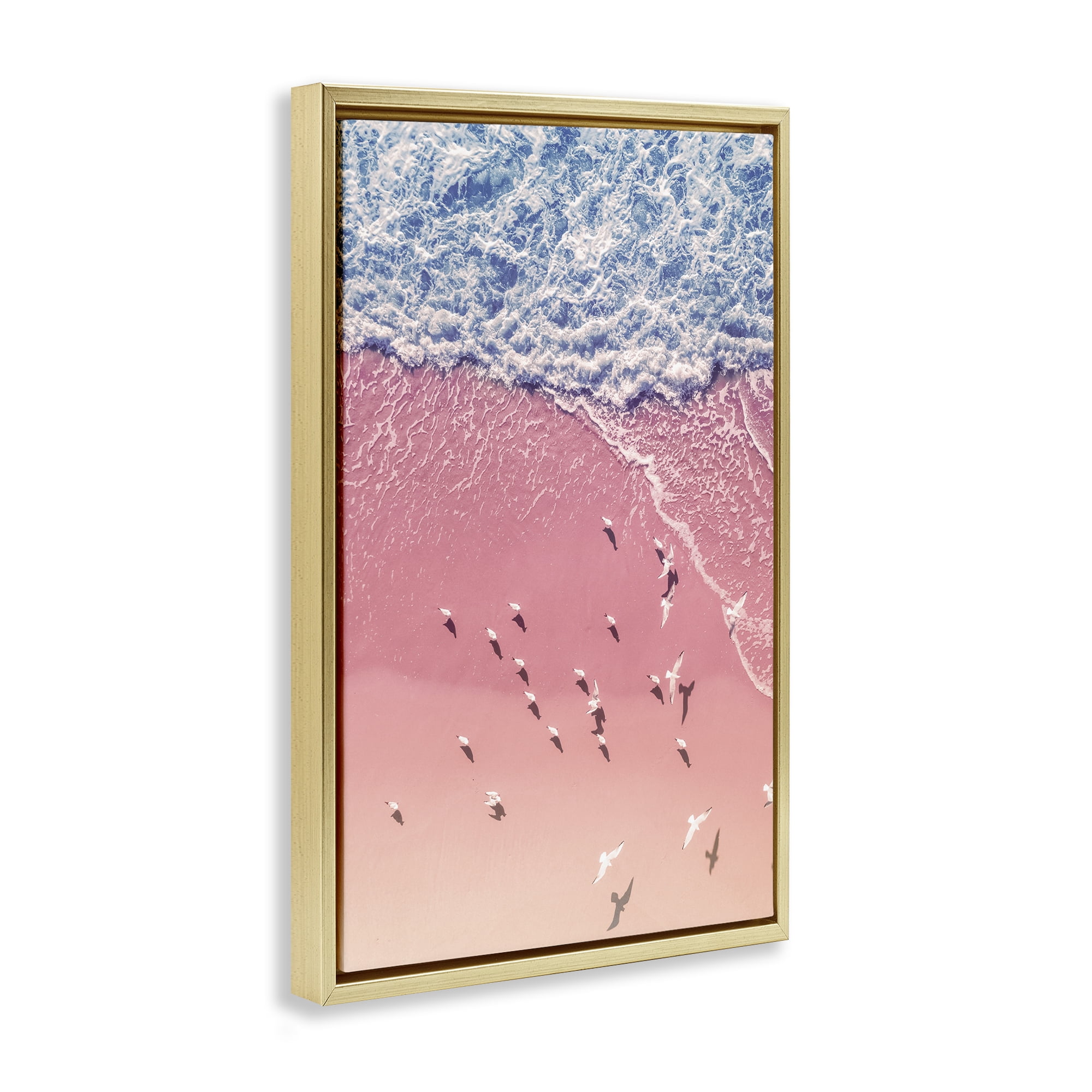 Stupell Industries Aerial Seagulls Pink Beach Landscape & Nature Photography Gold Floater Framed Canvas Art Print Wall Art, 17 x 25