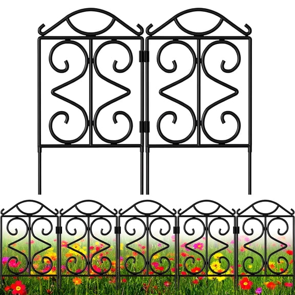 AMAGABELI 10-Panel Decorative Garden Fence 24"H × 10ft L – Black Metal