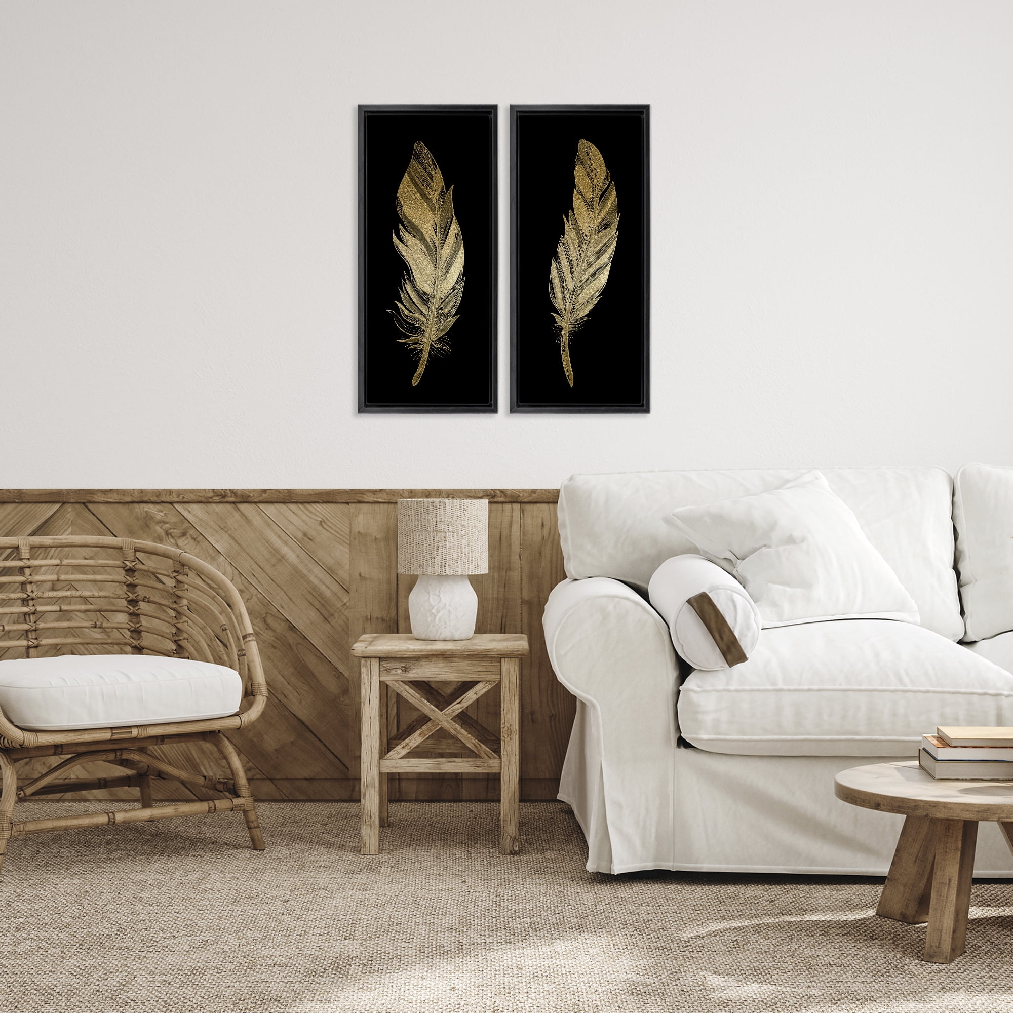 Glam Detailed Feather 2 Piece Black Framed Floater Canvas Set, design by Kim Allen