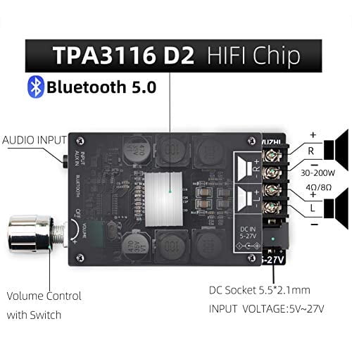 uwaykey placa amplificadora bluetooth con chip tpa3116d2, módulo ampli negro; vista superior centrada del PCB rectangular con disipador de aluminio en el centro, cuatro inductores y condensadores visibles, control de volumen con potenciómetro y switch, conector DC 5.5×2.1 mm (INPUT VOLTAGE 5V–27V) y bornes de salida R+/R-/L+/L- etiquetados para 30–200W 4Ω/8Ω; compatible con Bluetooth 5.0; a menudo usado como módulo de amplificación para proyectos de audio doméstico.