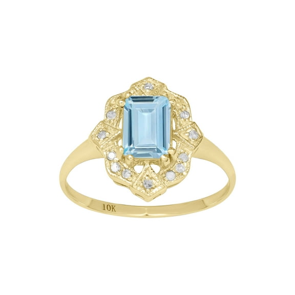 10k White or Yellow Gold Vintage Style Genuine Emerald-Cut Aquamarine and Diamond Ring