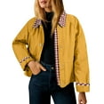 thumbnail image 2 of Women's Contrast Cuff Jacket, Plaid Collar Long Sleeve Top, Relaxed Fit Casual Outerwear, Lightweight Zip Up Coat, No Hood Everyday Wear, Barn Style Shirt Jacket Yellow M, 2 of 5