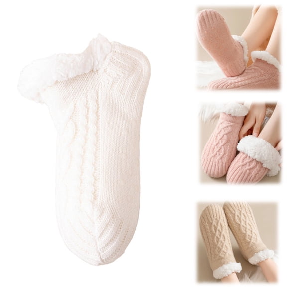 Womens Fuzzy Socks with Grips Non Slip Warm Cozy Fluffy Winter Slipper Socks Gifts (White)