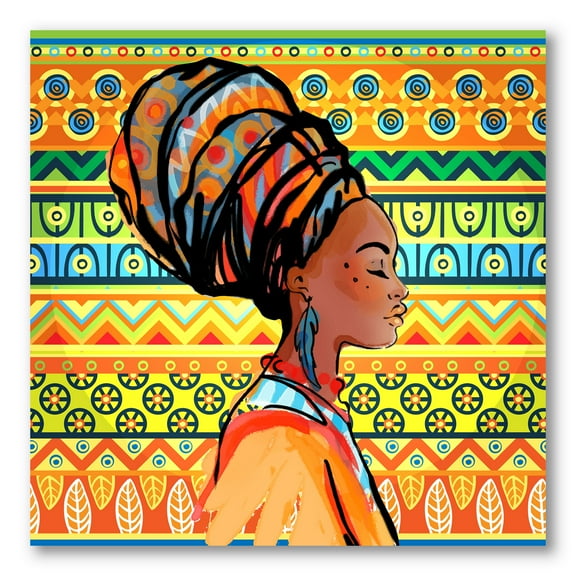 African American Woman Portrait with Turban III 16 in x 16 in Painting Canvas Art Print, by Designart