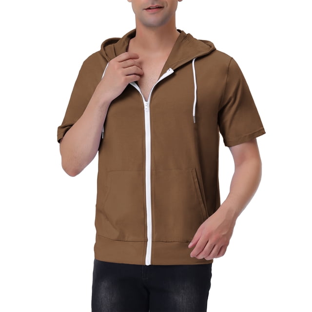 INSPIRE CHIC Chandails à Capuchon à Manches Courtes pour Hommes Vestes à Fermeture Éclair Unies avec Capuche 2TG Brun