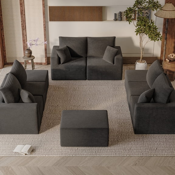 Lacoo Expandable Modular Sofa Collection, Thick Corduroy Upholstered Modular Sectional Couch with Ottoman, Customizable Seating for Small & Large Spaces, Black
