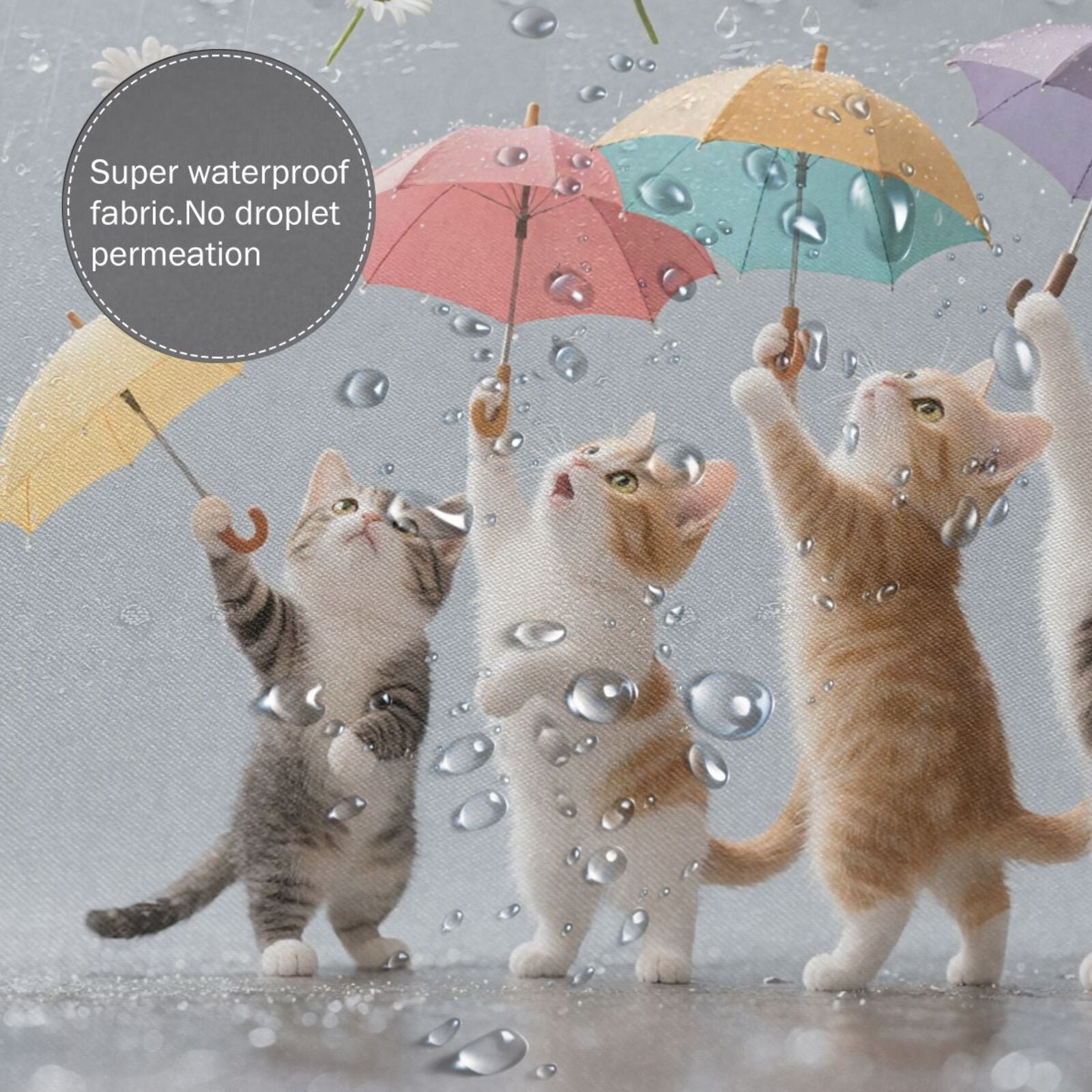HVEST Cute Funny Cat Shower Curtain with Umbrella and Daisy Flower Design - Cute Animal Bathroom Decor, Waterproof Polyester Fabric, Includes 12 Hooks, 72x78 Inches