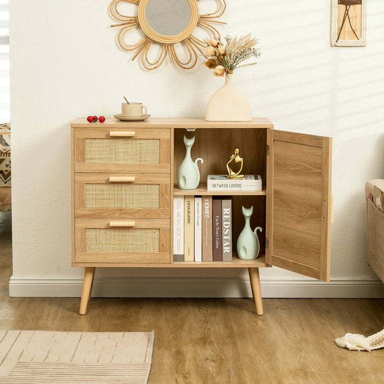 Year Color Rustic Storage Cabinet with 2 Drawers, Door, Shelf Accent, and Metal Base for Bedroom, Living Room, Entryway, and Home Office - Brown