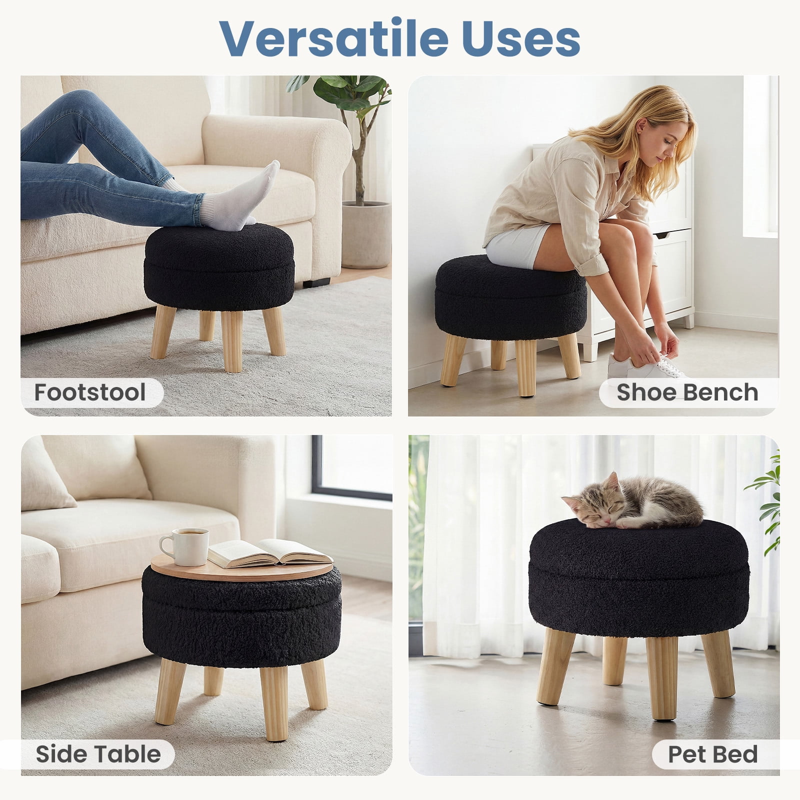 CONCETTA Round Storage Ottoman with Soft Padded Seat, Teddy Velvet Footstool with Wood Legs, Accent Ottoman for Living Room & Entryway,Black