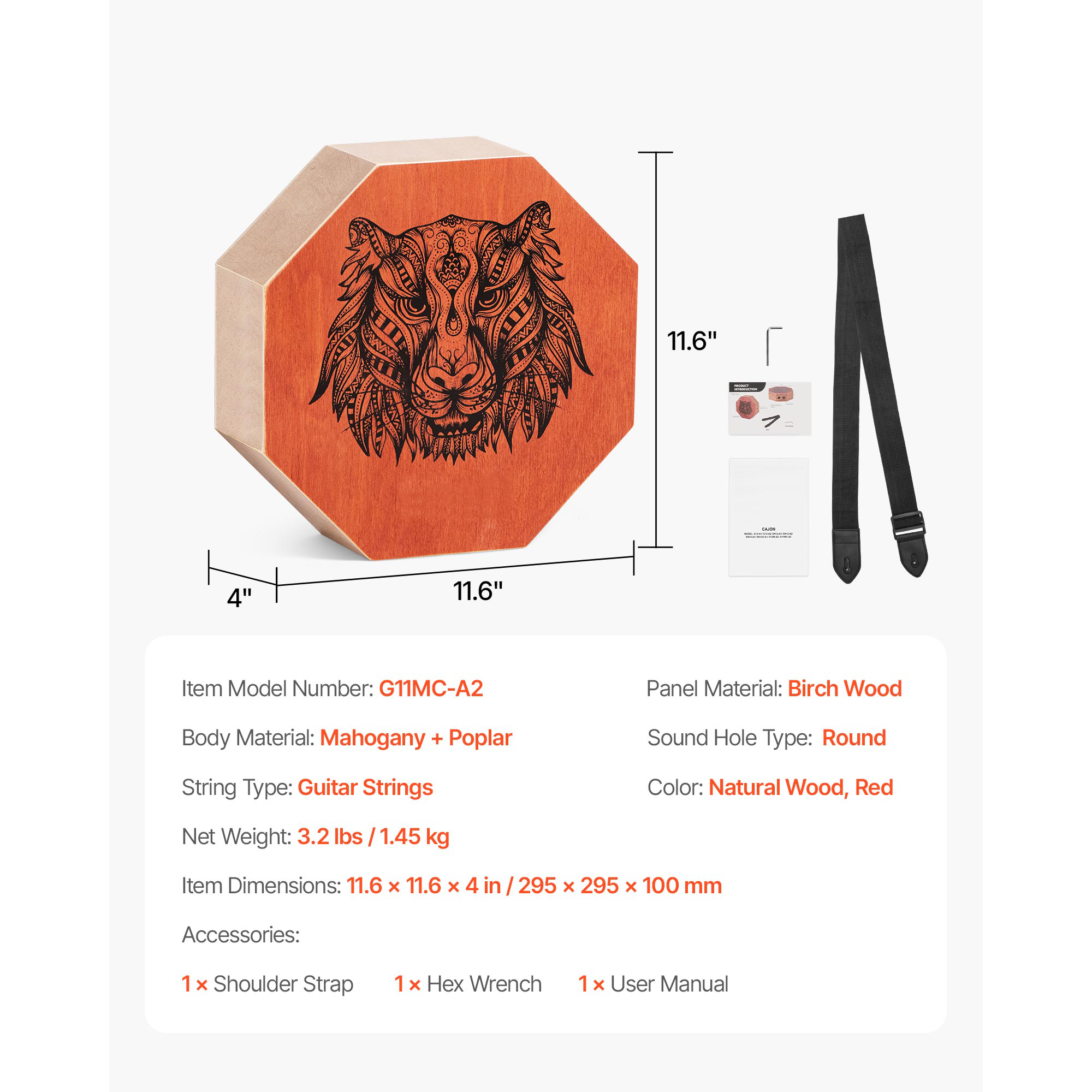 KFFKFF Unique Cajon Box Drum with Internal Guitar Strings, Compact Wooden Percussion Instrument, Birch Wood Construction, Includes Adjustable Strap, Suitable for Beginners, 11.6 x 11.6 x 4 inches