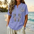 thumbnail image 2 of Embroidered Linen Shirt for Women, V-Neck Short Sleeve Cotton Blend Tunic with Floral Details - Loose Fit Casual Summer Top Light Purple S, 2 of 8