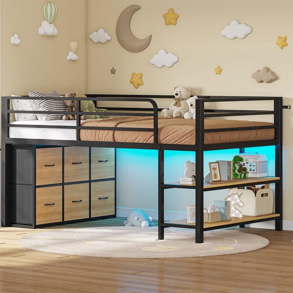 Toogaho Twin Size Low Loft Bed with 6 Storage Drawer and 2 Shelf,Metal Floor Bunk Bed Frame with LED Light and 15"H Safety Guardrail,Brown