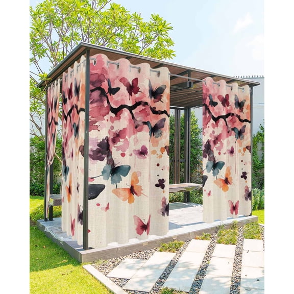 nqOlkjepod Outdoor Curtains for Patio Waterproof, Flowers Butterfly Outdoor Privacy Panels Grommet, Vintage Rustic Ombre Spring Floral Blackout Outside Curtains for Porch/Cabana 54"x84", 1 Panel