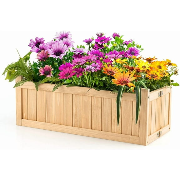 S AFSTAR Outdoor Wooden Planter Box, Folding Raised Garden Bed W/Drainage Hole, Patio Rectangle Plant Container for Flowers Vegetables Fruits Herbs, Collapsible Planting Box for Yard
