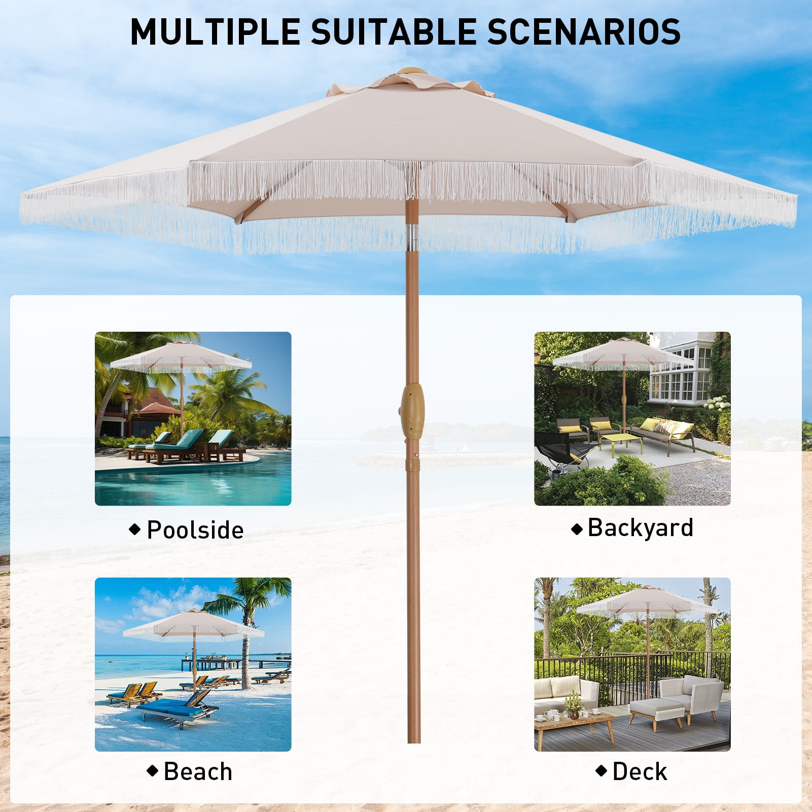 Autlaycil 7.5 ft Patio Umbrella with Fringe for Beach, Pool, and Yard - Beige