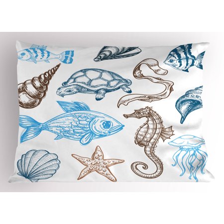 - Doodle Pillow Sham Underwater Marine Life Aquatic Fish Shell Jellyfish Oyster Squid Seahorse Motif, Decorative Standard Size Printed Pillowcase, 26 X 20 Inches, Dark Blue Cocoa, by Ambesonne