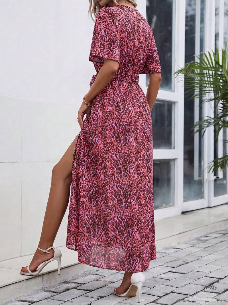 Womens Hot Pink Leopard Print V-Neck Long Dress With Elastic Waist