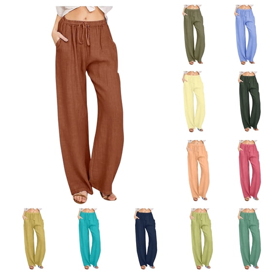 Hrsba Wide Leg Pants for Women Solid Color Drawstring Loose Pants With Packet