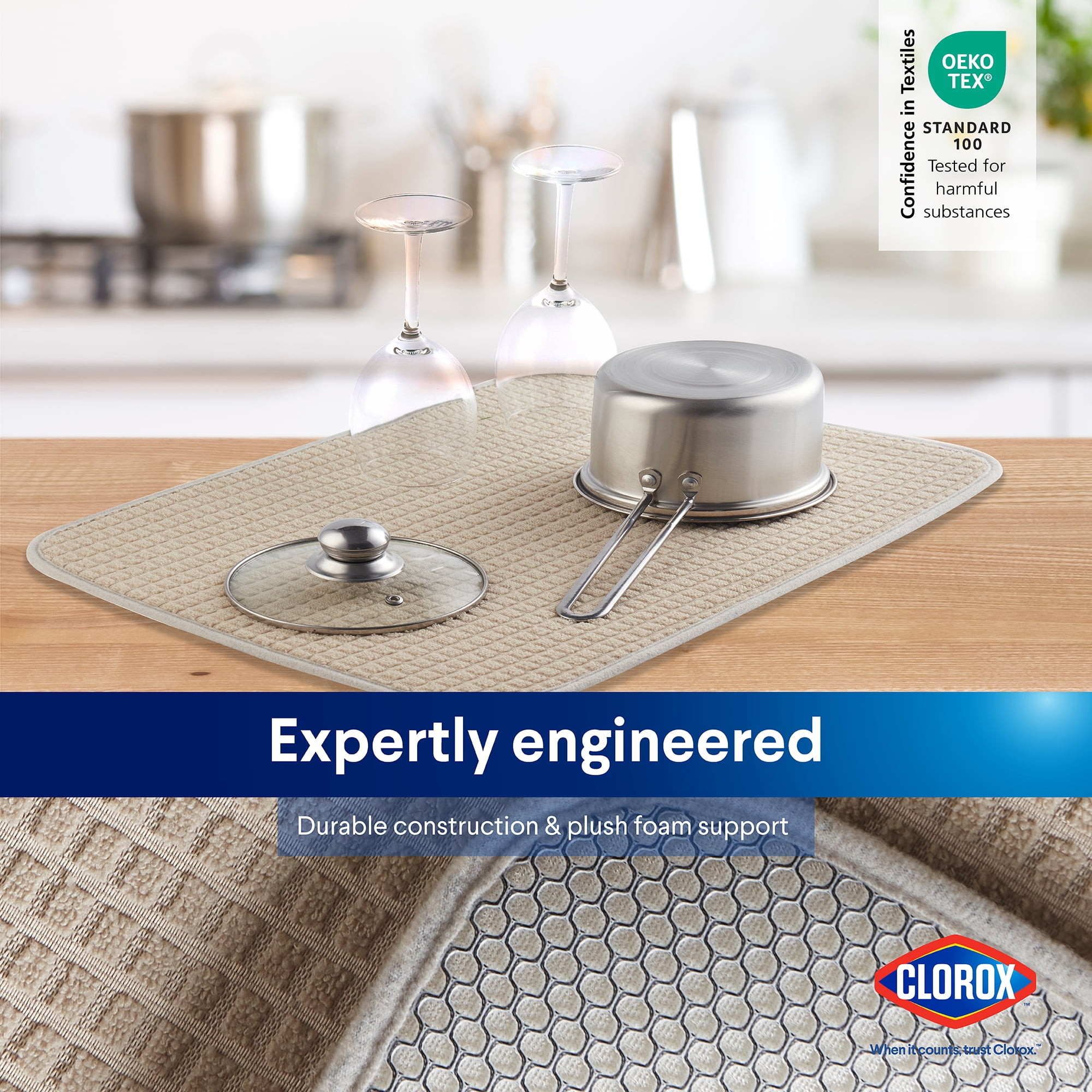 Clorox Dish Drying Mat, Absorbent Microfiber, 50% Recycled for Kitchen, 15" x 20" Beige Tan
