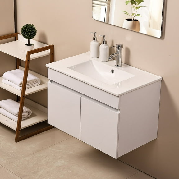 Ainfox 30" W Wall Mounted Bathroom Vanity with Ceramic Top and Sink, Storage Cabinet, Faucet Combo Set