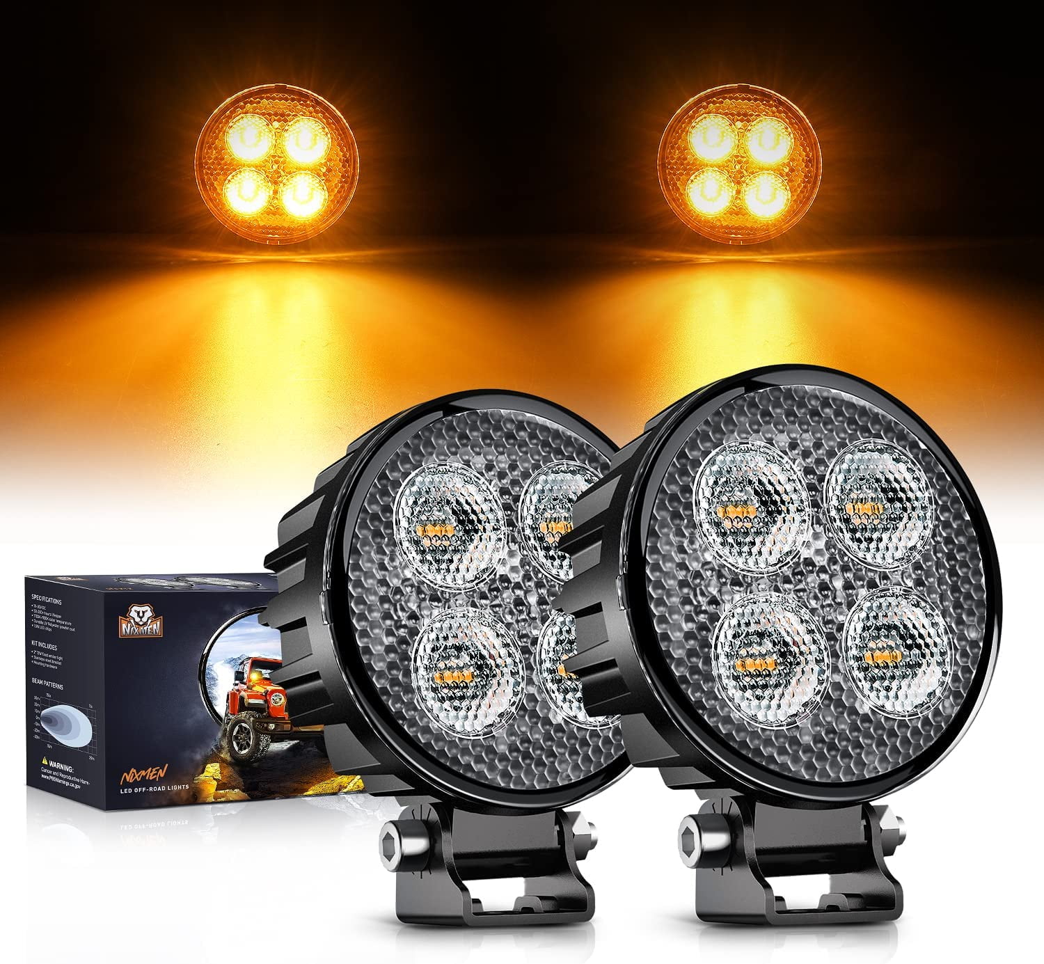 Nilight 2PCS 3Inch 12W Amber Round LED Yellow Work Pods Driving Light 90° Flood Beam Builtin
