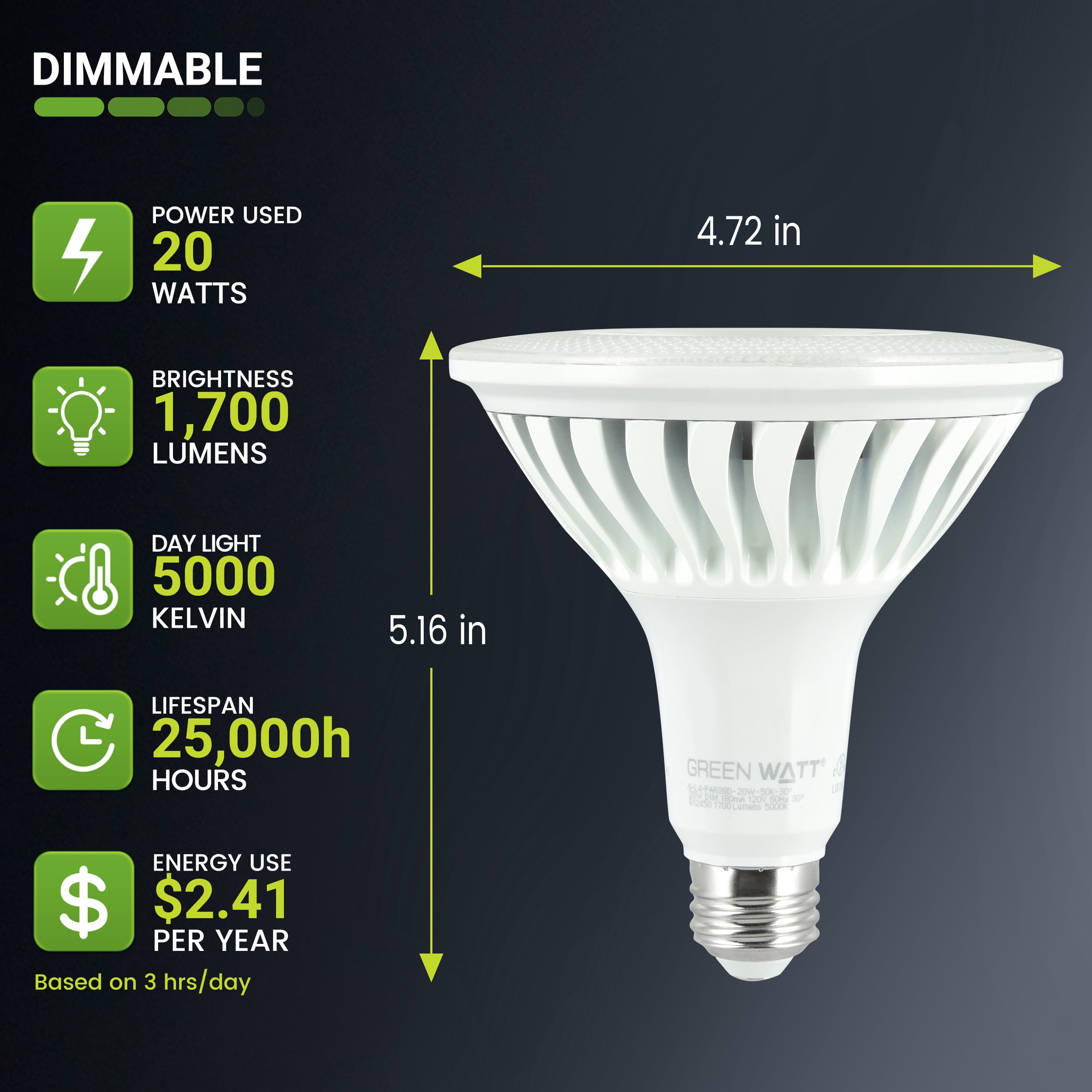 Green Watt 20 Watt (150 watt equiv) PAR38 LED Light Bulb, E26 Base, 1700 Lumen, Daylight White, 12-Pack