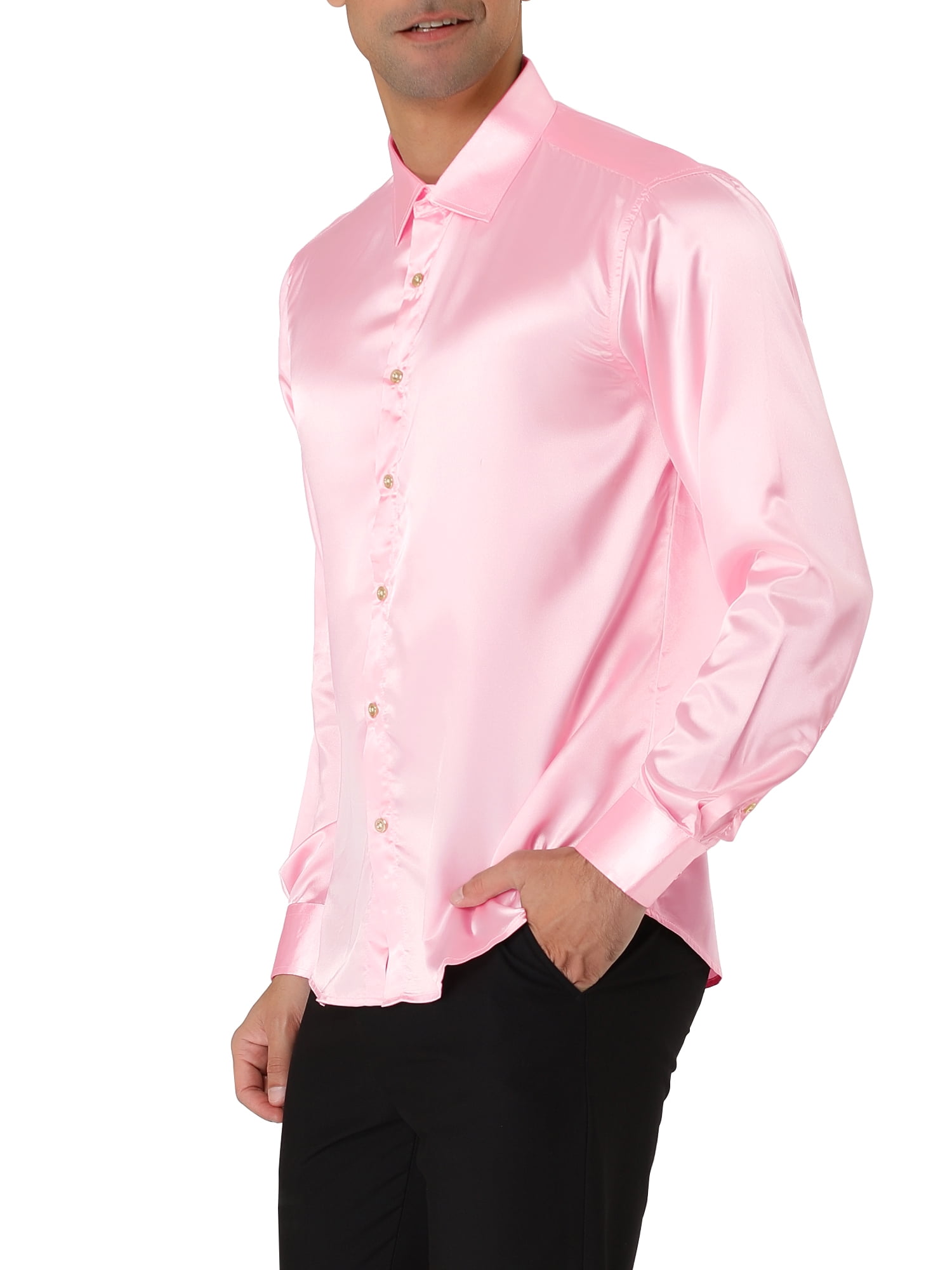Unique Bargains Men's Satin V Neck Long Sleeves Button Down Prom Shirts 2XL Pink