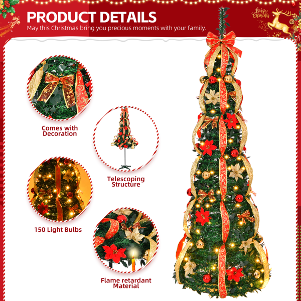 Alvantor 6 ft Fully Decorated Pre-Lit Pop-Up Christmas Tree with 150 Warm White LEDs, 8 Light Modes, Red and Gold Ornaments