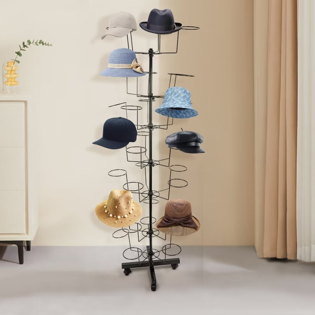 FETCOI 6 Layers Metal Hat Display Rack 30 Hats Cap Rotating Storage Stand  w/Wheels