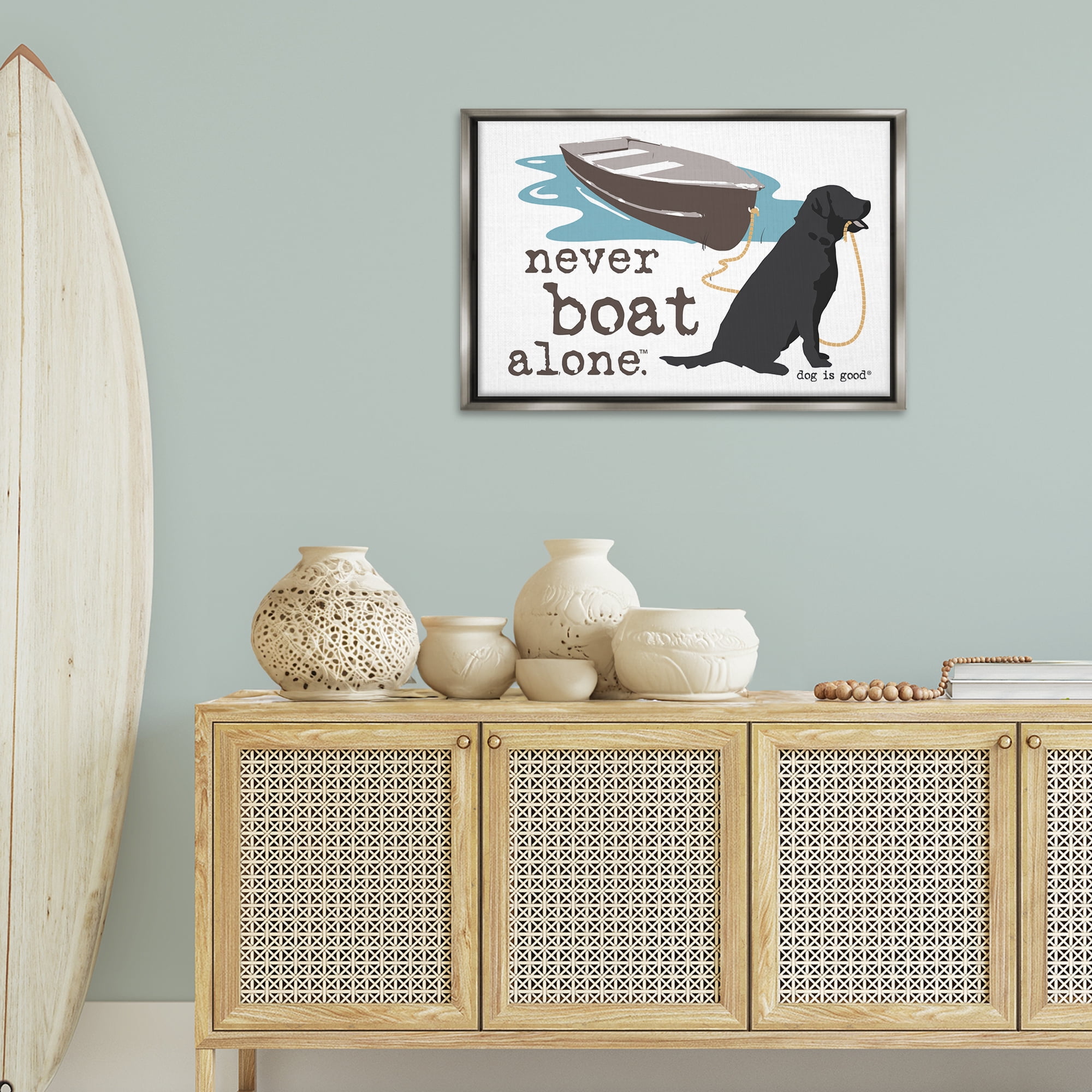 Stupell Industries Never Boat Alone Dog Animals Painting Gray Floater Framed Canvas Art Print Wall Art, 31 x 21