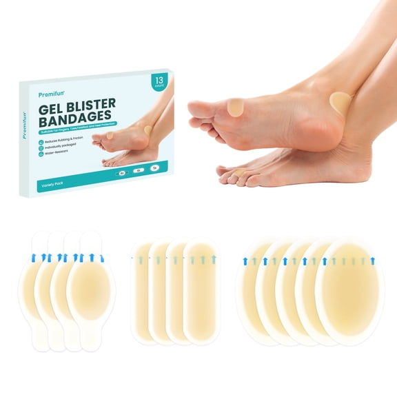 Promifun Hydrocolloid Gel Blister Bandages Pads - Waterproof Adhesive Blisters Bandages - Blister Pads for Heel, Foot, Toe, Feet - Gel Blister Chshions for Prevention & Recovery