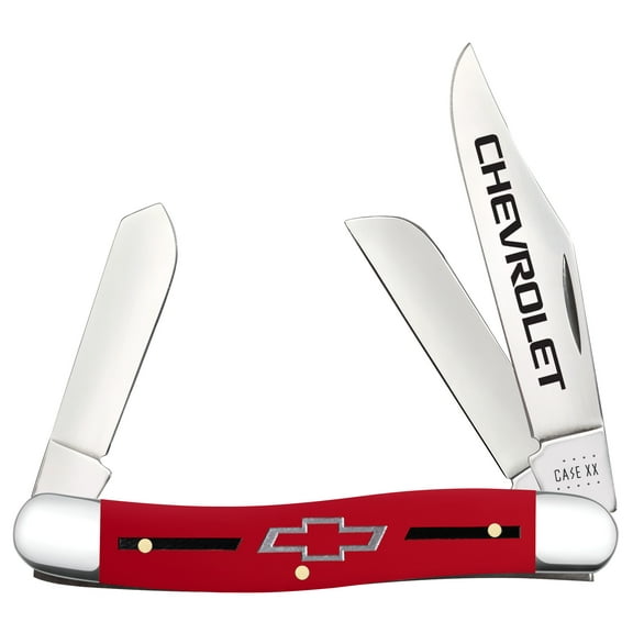 Case Chevrolet Stockman Folding Knife, 3.88 in Closed, Mirror Clip/Sheepsfoot/Spey Blades, Red Smooth Synthetic Handle