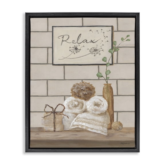 Stupell Industries Relax Bathroom Scene Typography Painting Black Floater Framed Canvas Art Print Wall Art, 17 x 21