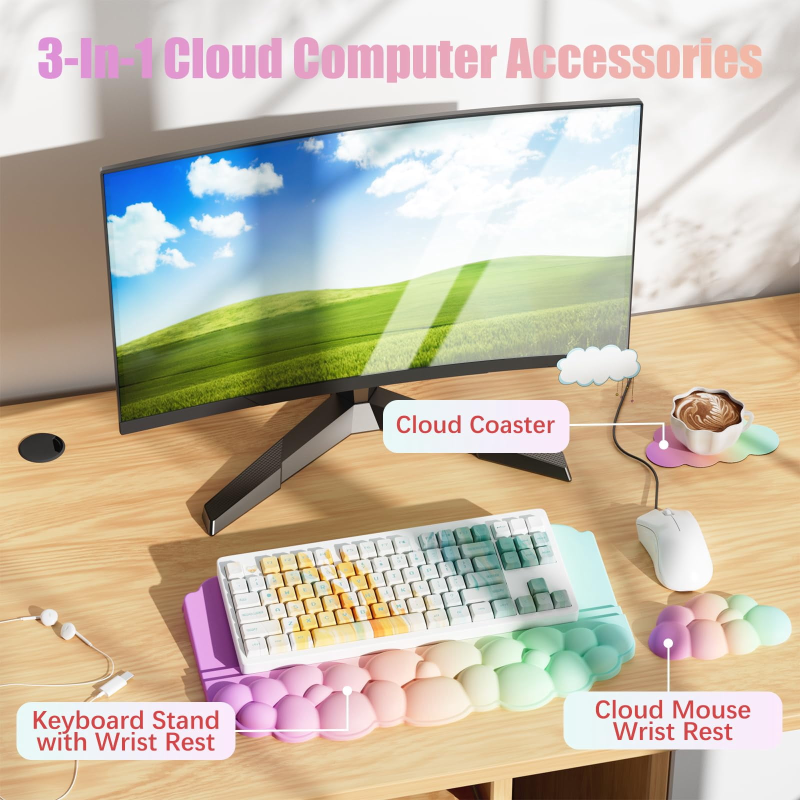 Wrist Rest For  Soft Memory Foam Cloud Stand Pad With Set Non-slip Silicone Base Easy Typing Comfort Computer Laptop - Rainbow