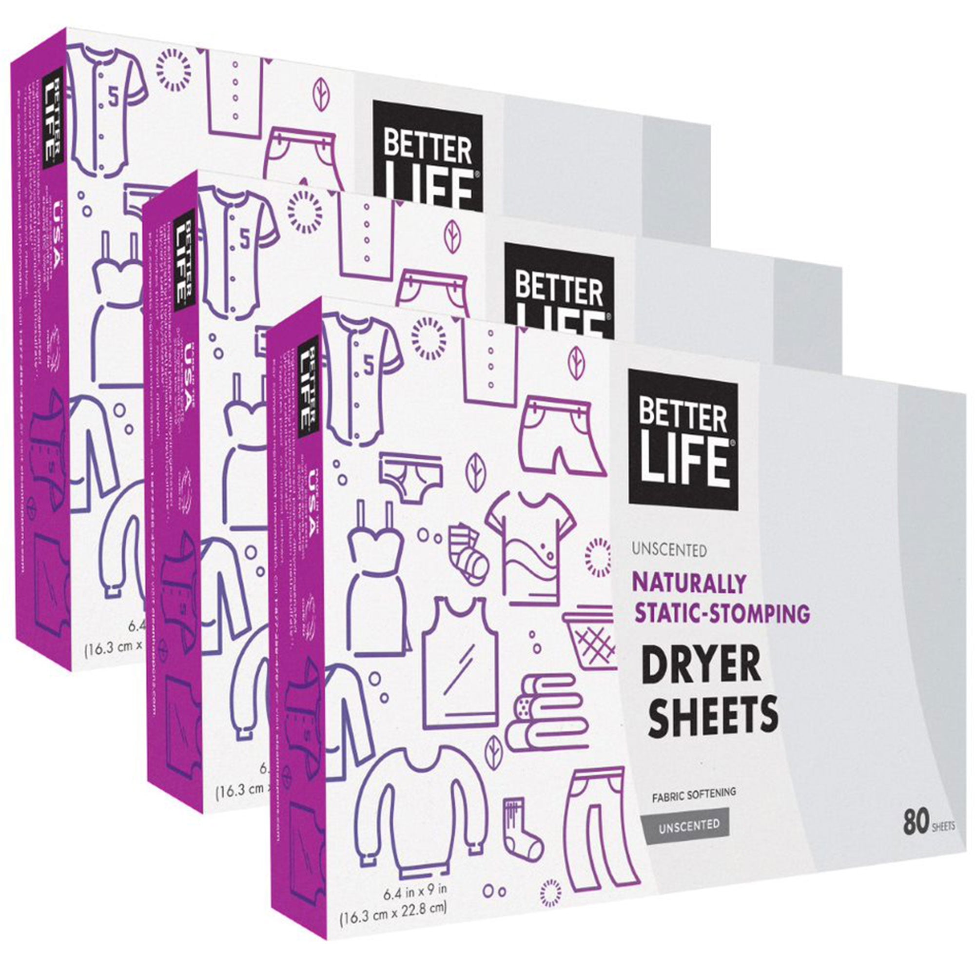 Better Life Hypoallergenic Natural Dryer Sheets, Unscented, 80 ct (3